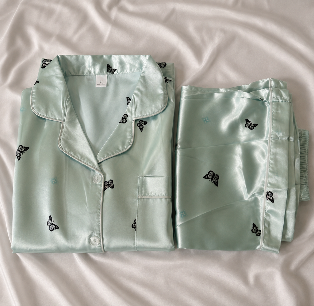 Blue Butterfly Short Sleeve Satin Pajamas Set