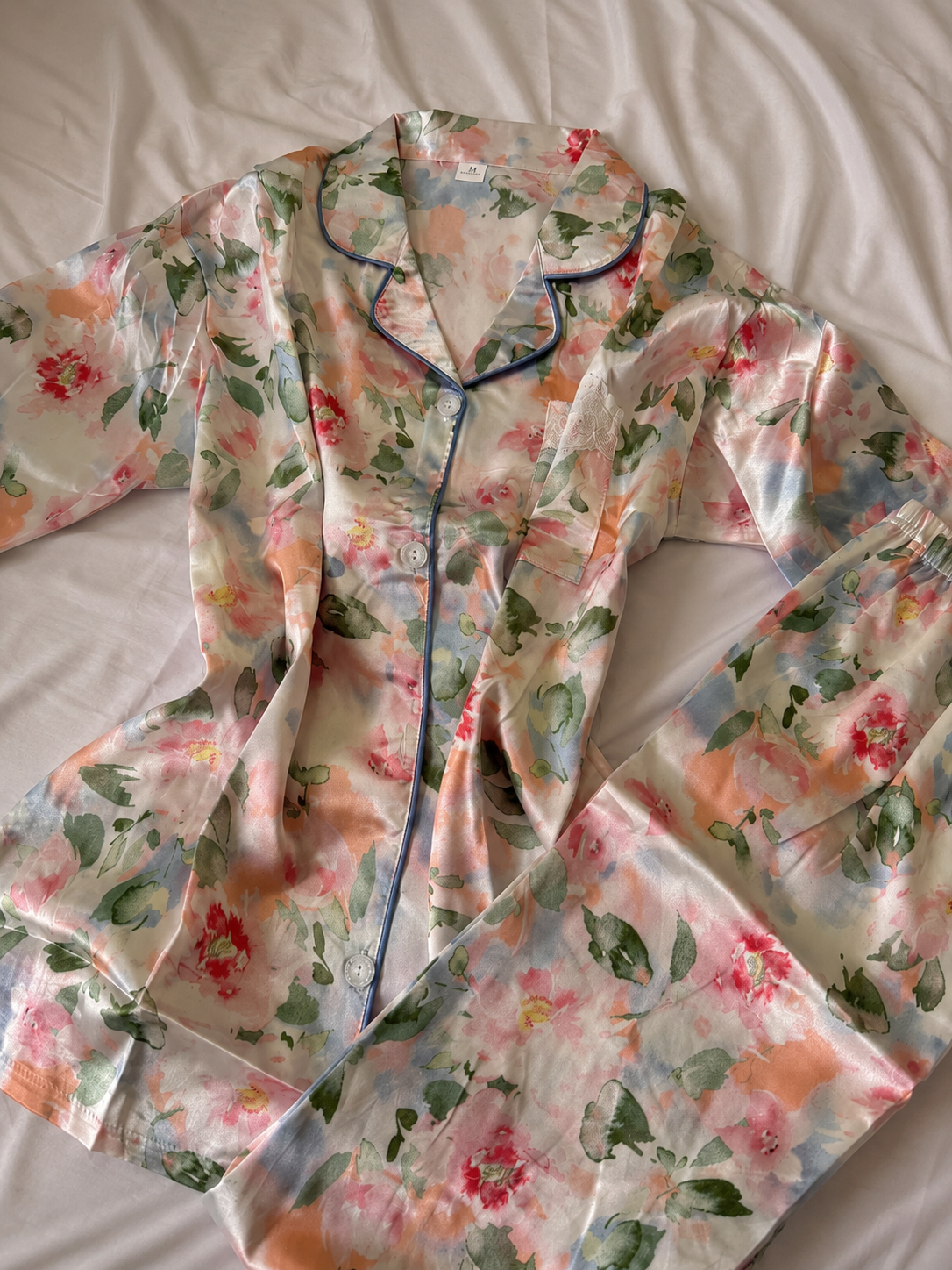 Floral Charm Long Sleeve Satin Pajamas Set