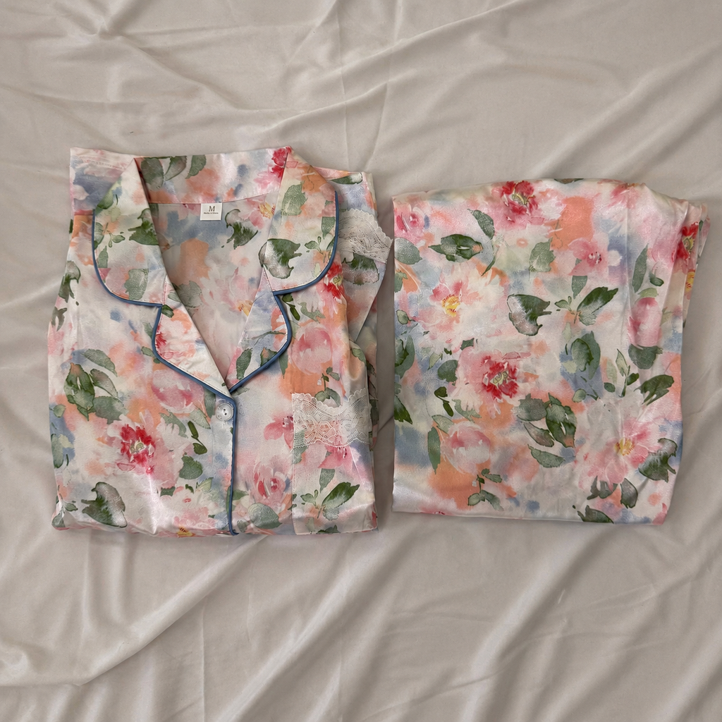 Floral Charm Long Sleeve Satin Pajamas Set