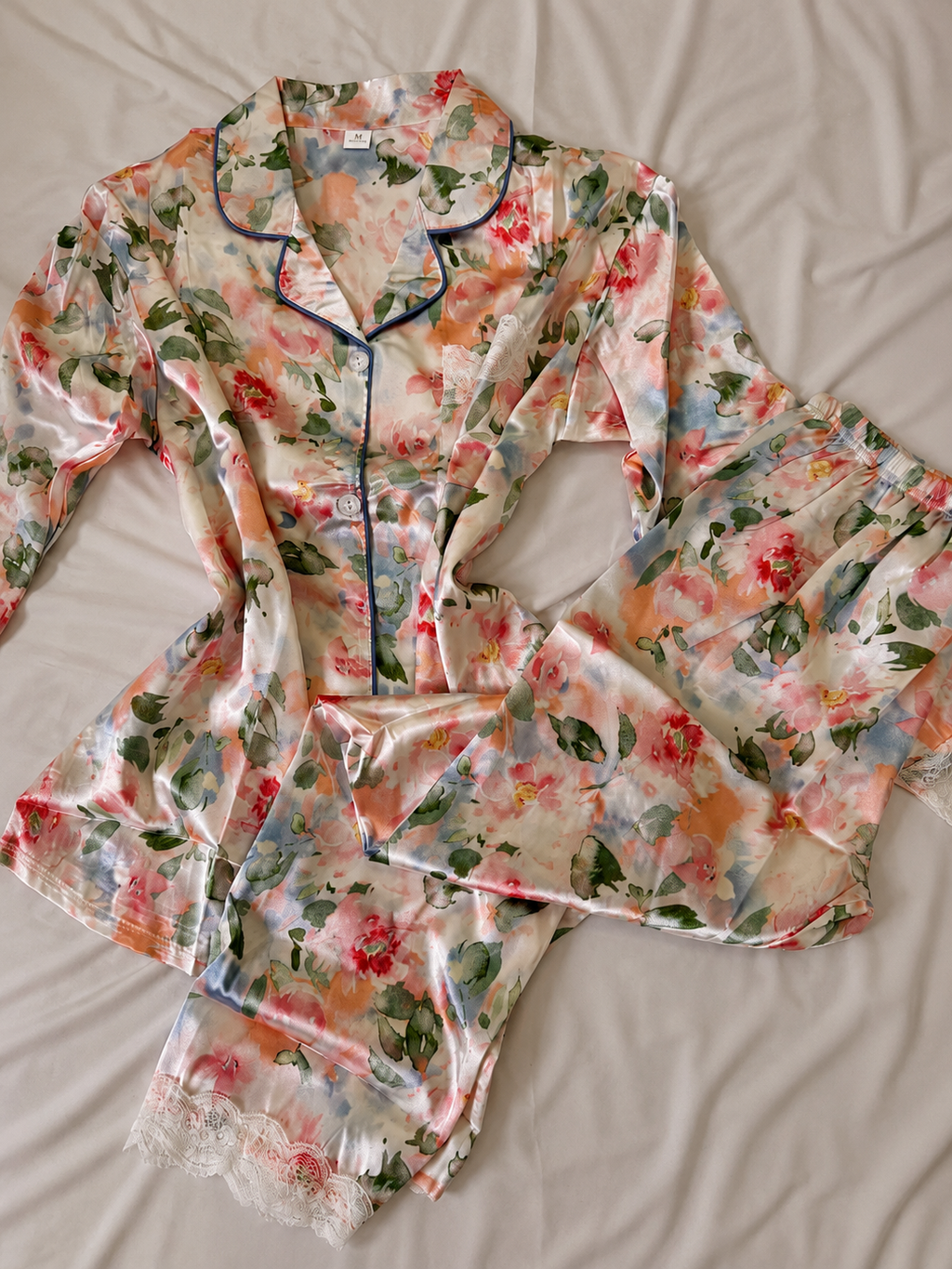 Floral Charm Long Sleeve Satin Pajamas Set