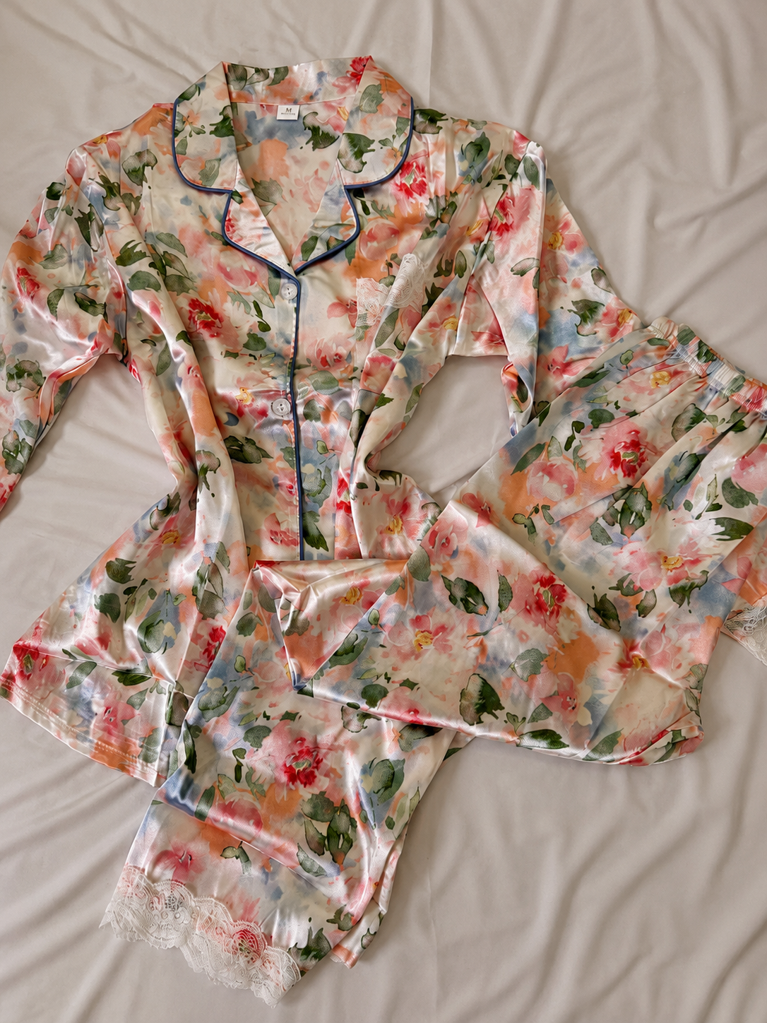 Floral Charm Long Sleeve Satin Pajamas Set