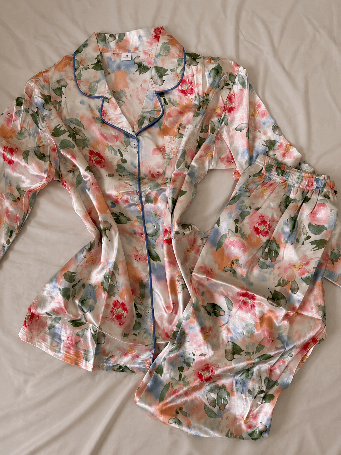 Floral Charm Long Sleeve Satin Pajamas Set