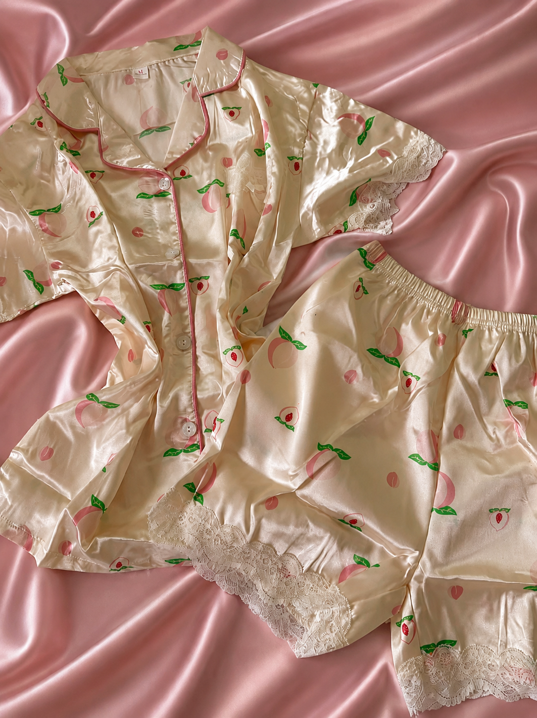 Peach Blossom Short Sleeve Satin Pajamas Set