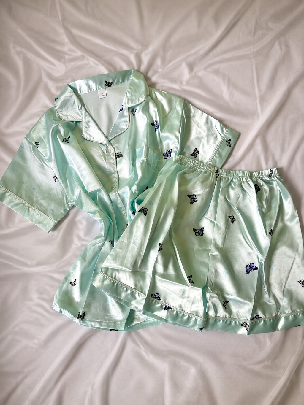 Blue Butterfly Short Sleeve Satin Pajamas Set
