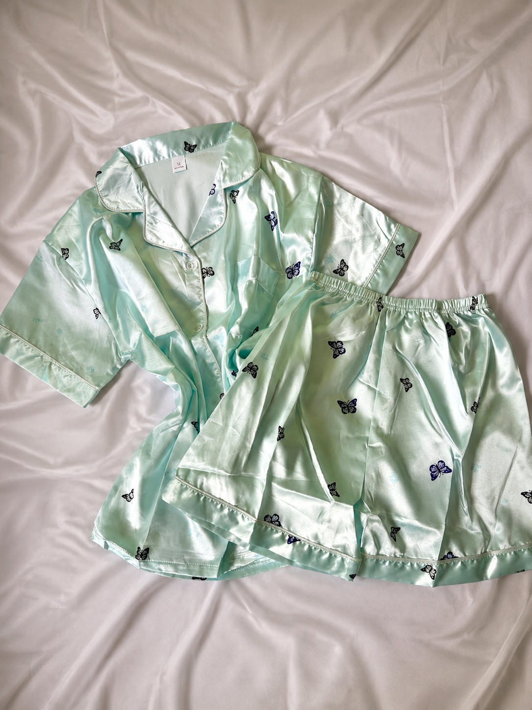 Blue Butterfly Short Sleeve Satin Pajamas Set