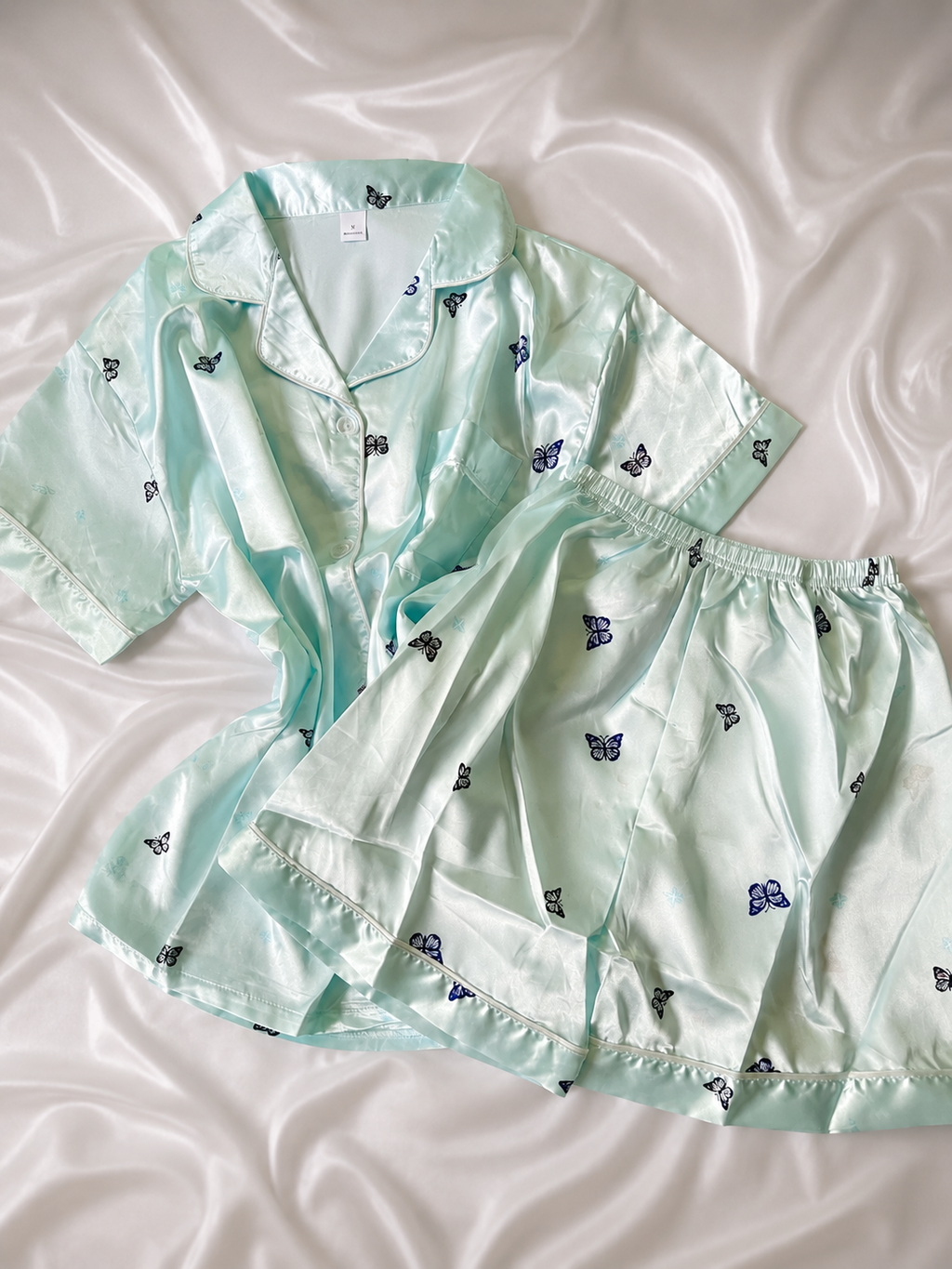 Blue Butterfly Short Sleeve Satin Pajamas Set