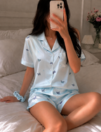 Blue Butterfly Short Sleeve Satin Pajamas Set