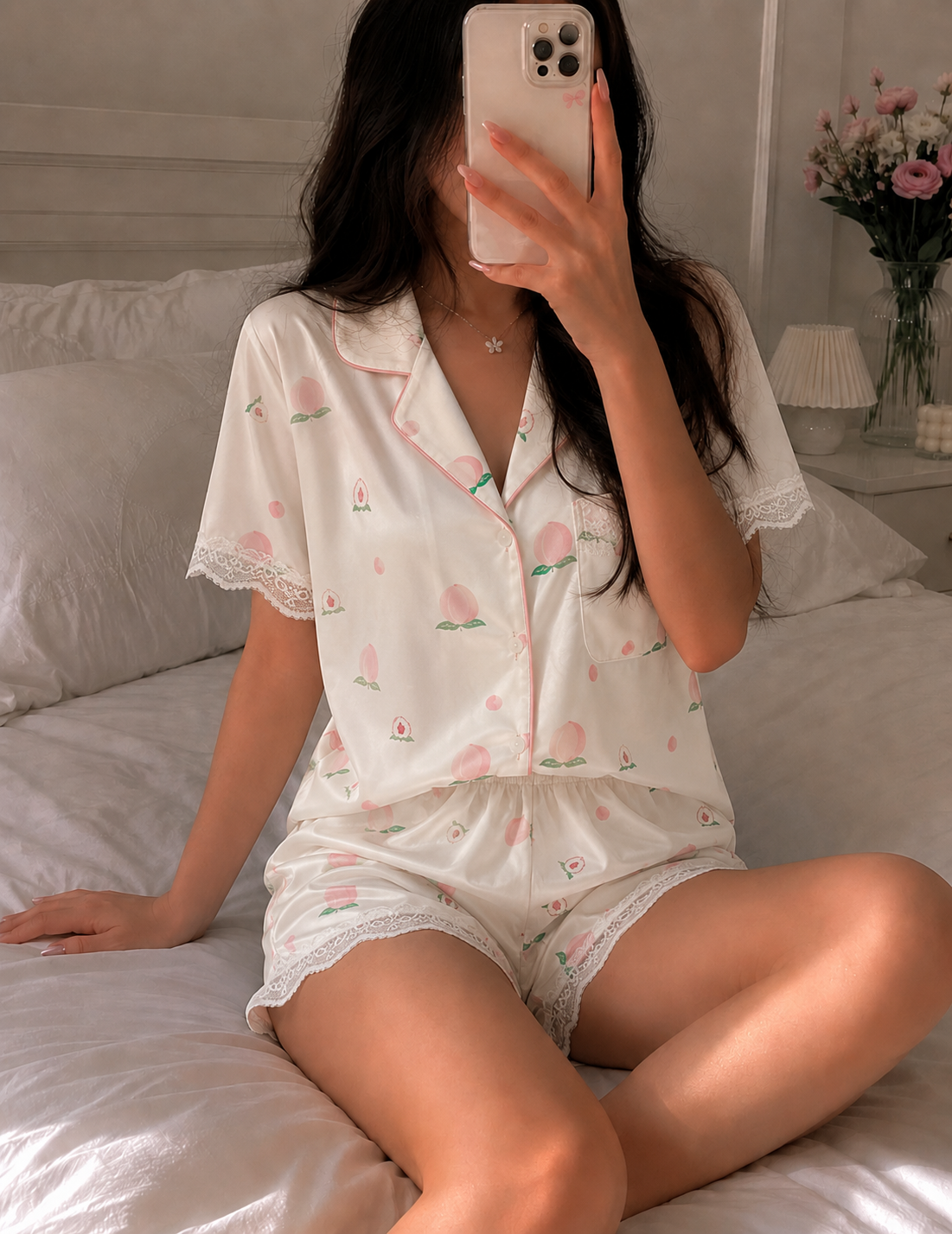 Peach Blossom Short Sleeve Satin Pajamas Set