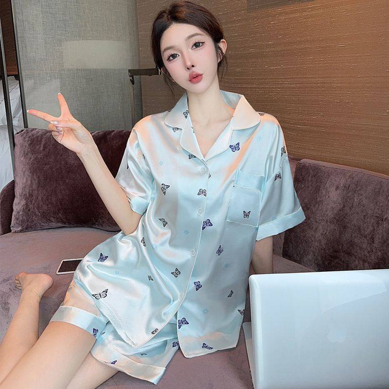 Blue Butterfly Short Sleeve Satin Pajamas Set