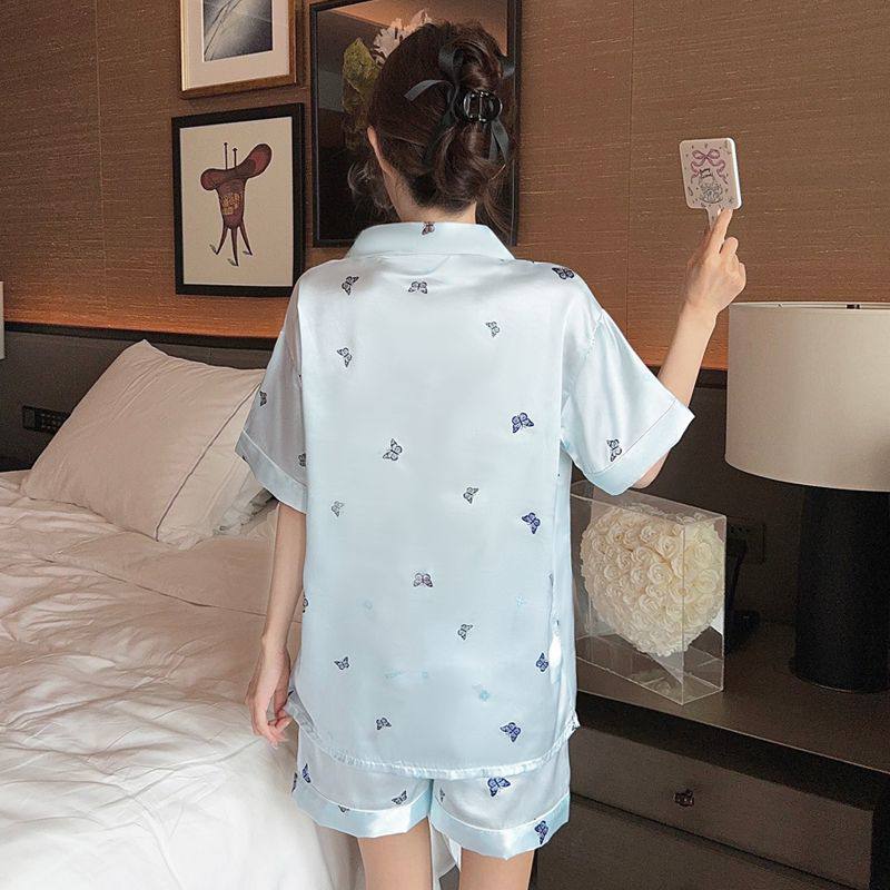 Blue Butterfly Short Sleeve Satin Pajamas Set