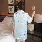 Blue Butterfly Short Sleeve Satin Pajamas Set