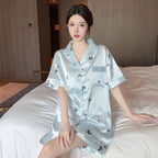 Blue Butterfly Short Sleeve Satin Pajamas Set