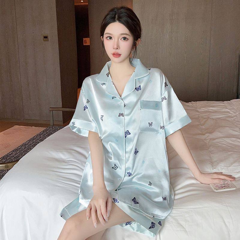 Blue Butterfly Short Sleeve Satin Pajamas Set