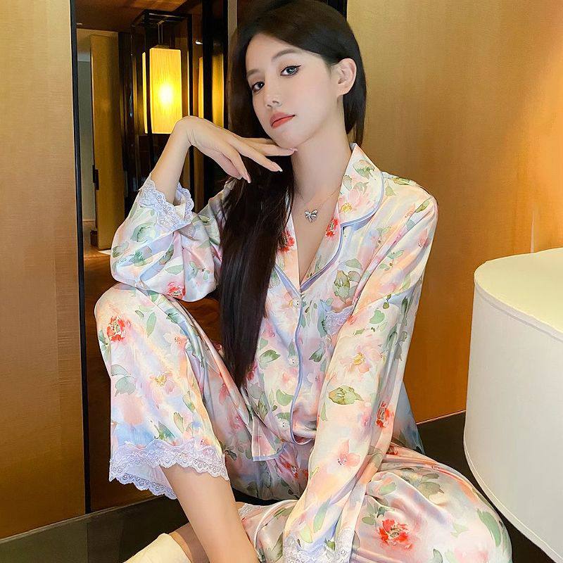 Floral Charm Long Sleeve Satin Pajamas Set