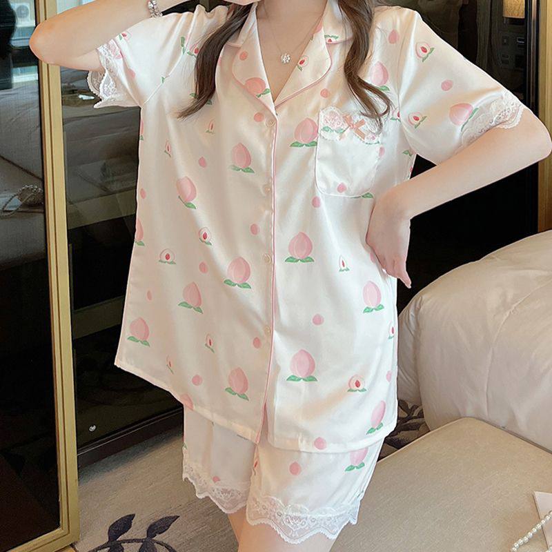 Peach Blossom Short Sleeve Satin Pajamas Set