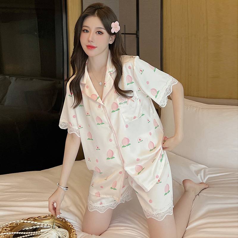 Peach Blossom Short Sleeve Satin Pajamas Set
