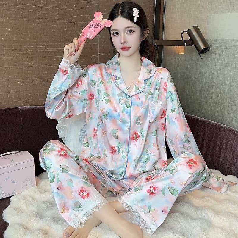 Floral Charm Long Sleeve Satin Pajamas Set